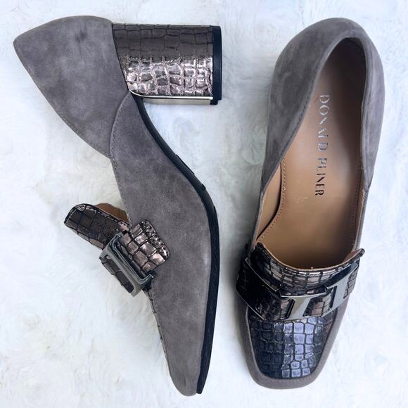 Donald Pliner Shoes - Donald Pliner Caresse Old Money Career Block Heel Metallic Leather Suede Loafers